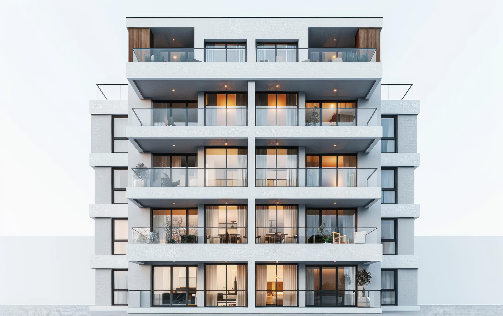 Fațadă modernă a unui bloc de lux, vedere frontală